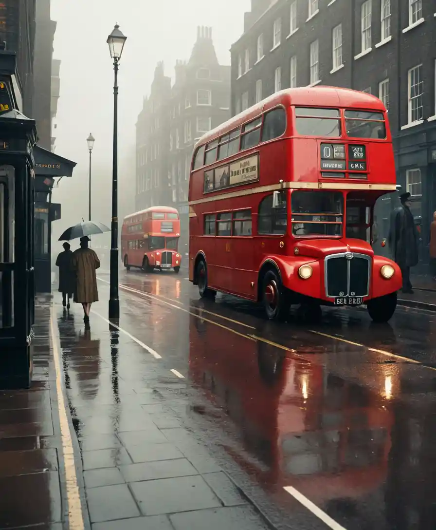 A Red Double-Decker Bus Waits on a Rainy London Street