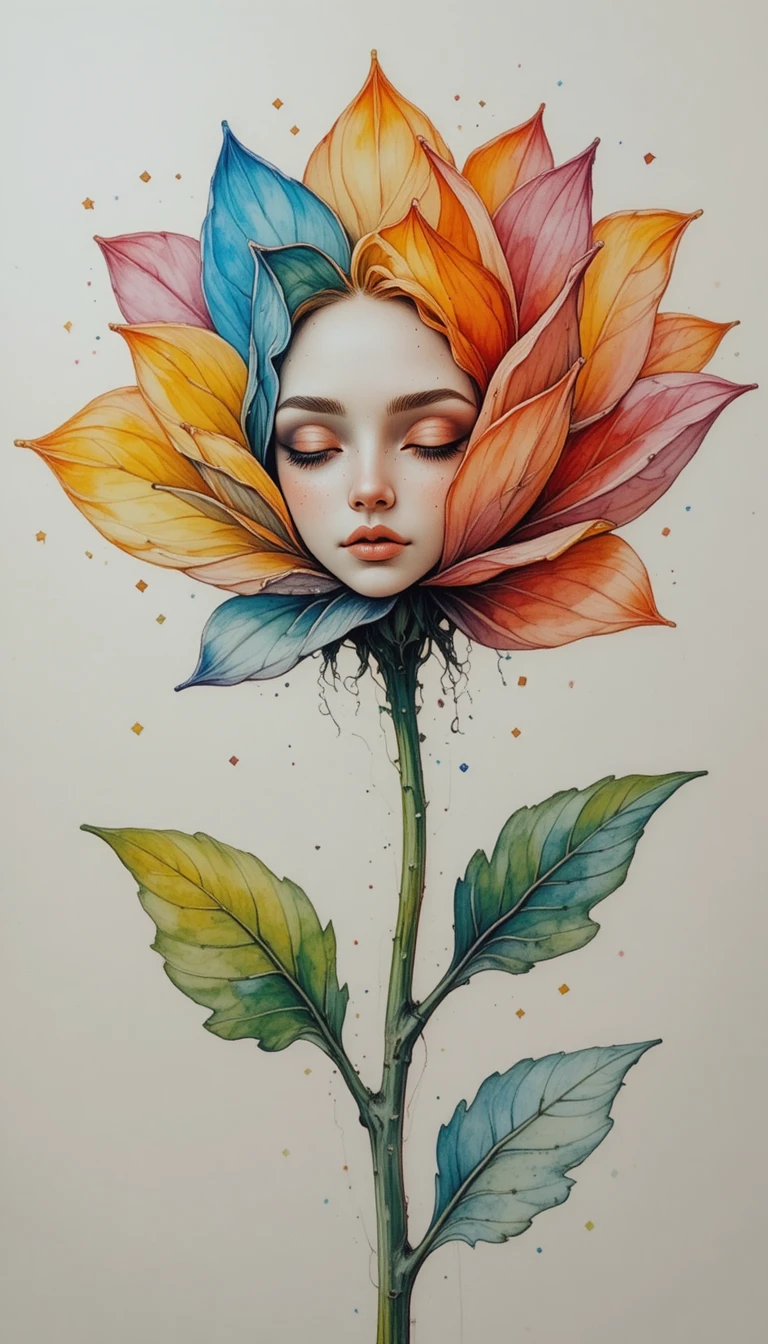 Una flor serena con un rostro humano que se funde con sus coloridos pétalos