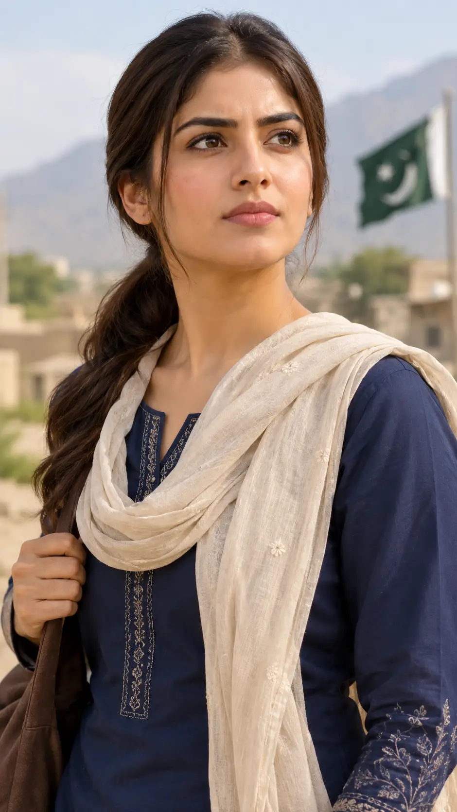 Una mujer paquistaní con shalwar kameez y una expresión valiente