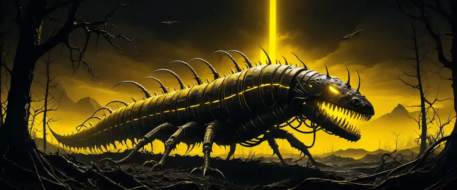A thorned worm bursts beneath withered trees in a dark landscape