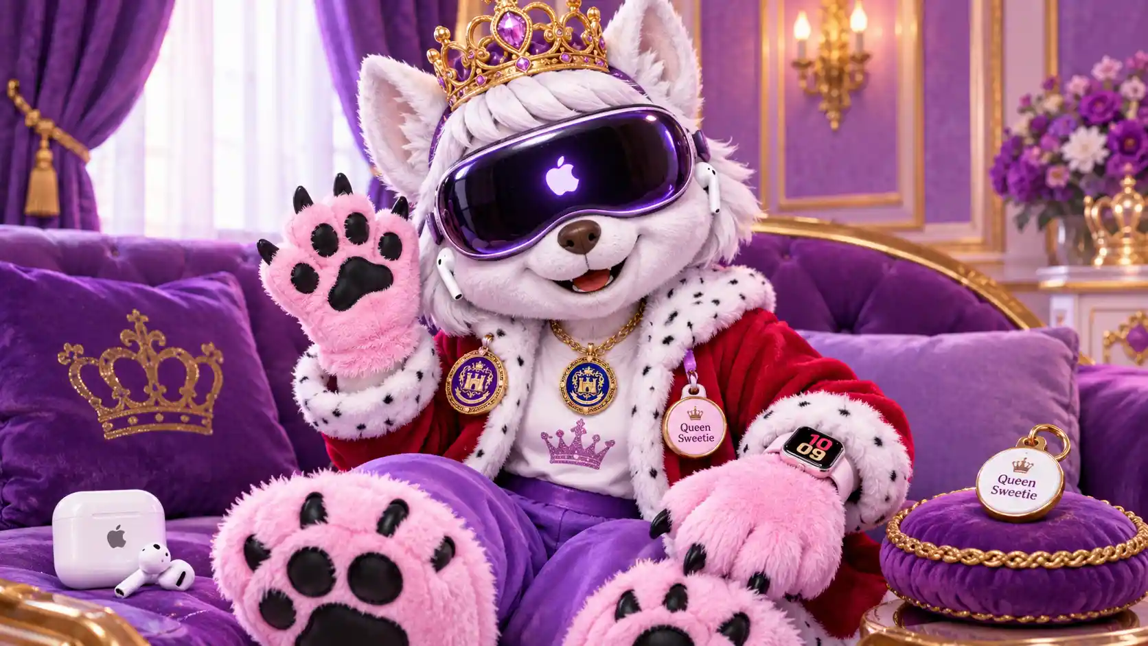 Une princesse mascotte canine avec une couronne et une robe de princesse
