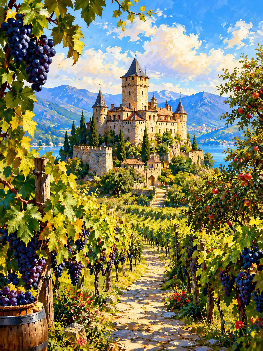 A bright impressionist view of a vineyard orchard