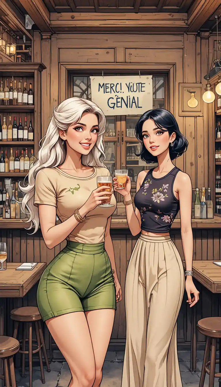 Two Women Toasting in a Rustic Bar Under Warm Amber Light