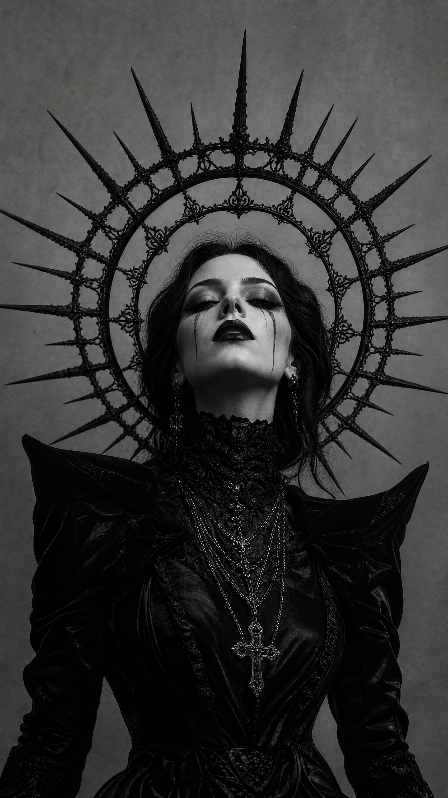 Retrato gótico monocromático de una mujer bajo un halo negro con púas