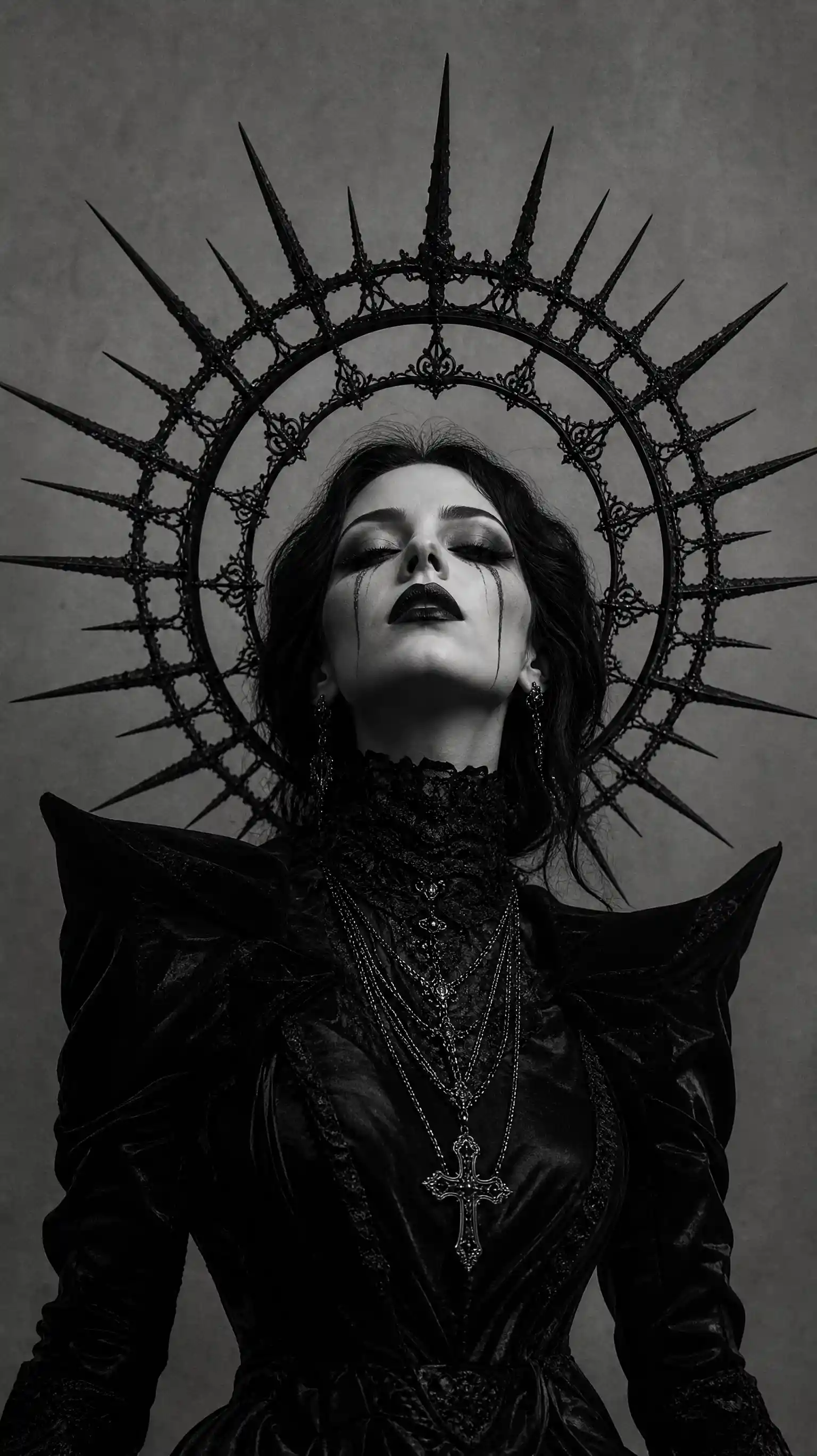 Monochromes Gothic-Porträt einer Frau unter einem schwarzen, mit Stacheln besetzten Heiligenschein