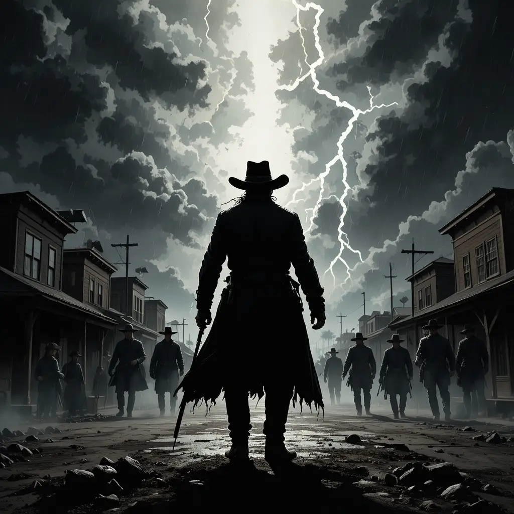 Un vaquero solitario en un pueblo del Oeste azotado por la tormenta y los relámpagos