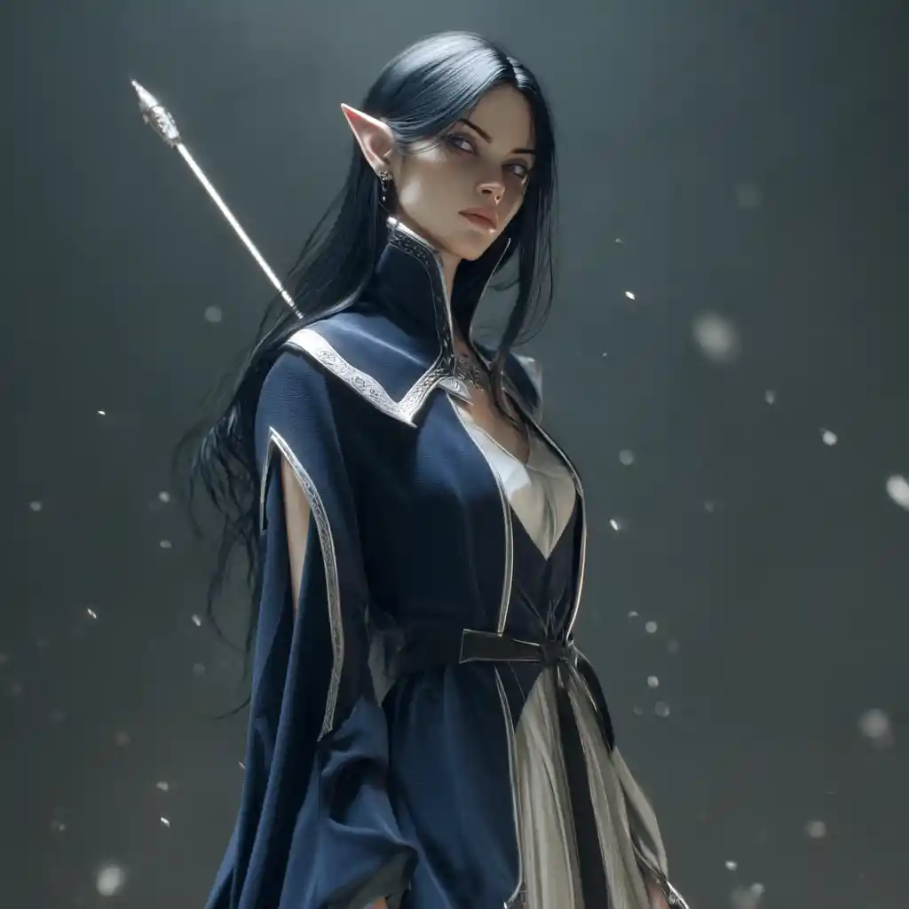 An Elf Cleric in an Indigo Robe with a Dagger and Buckler