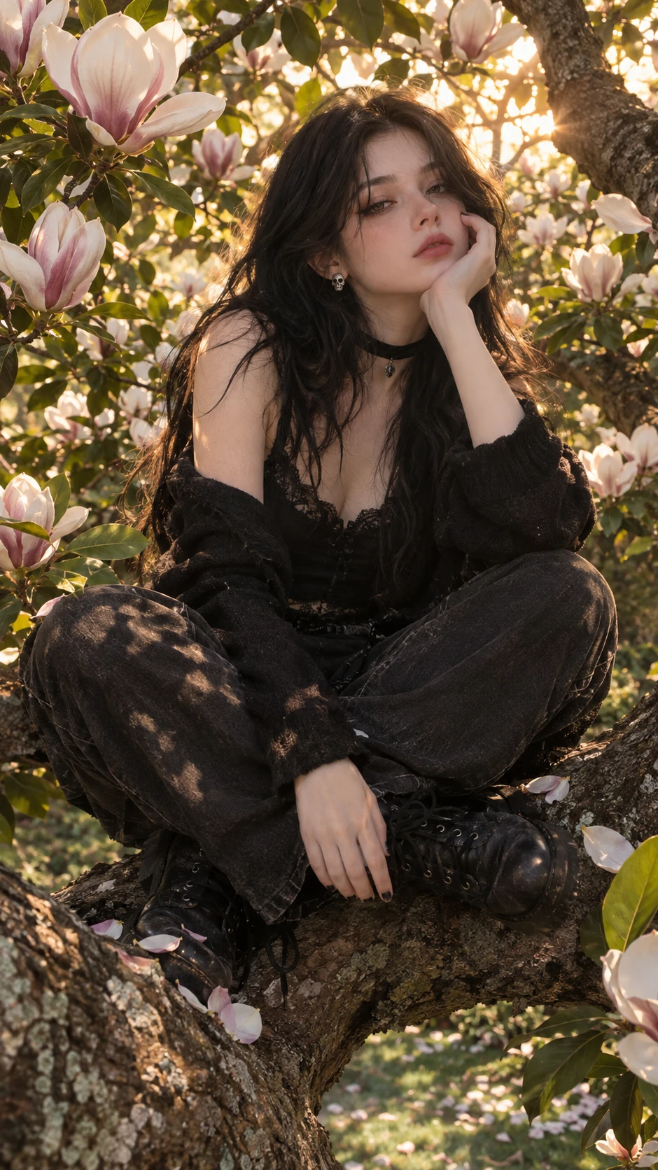 Ein Goth-Girl sitzt auf einem Magnolienzweig zwischen cremefarbenen Frühlingsblüten