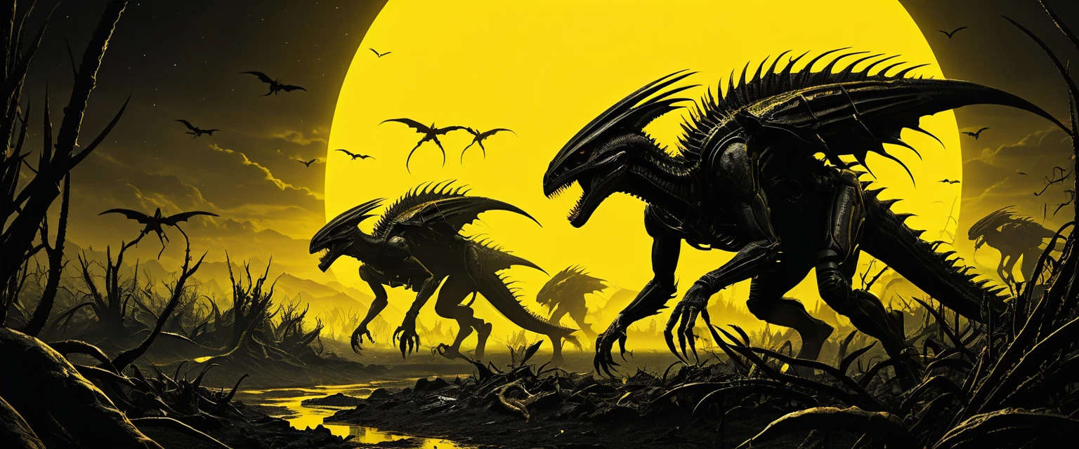 Raptores mutantes corren por un paisaje inquietante lleno de plantas muertas y pozos de alquitrán