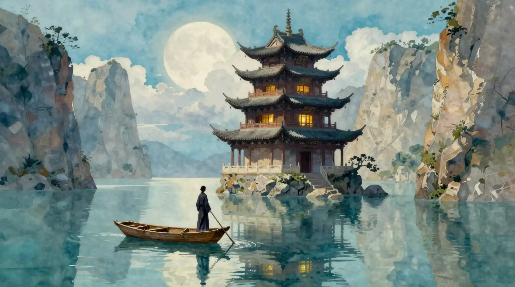 An ancient tower rises above turquoise waters beneath an oversized pale moon