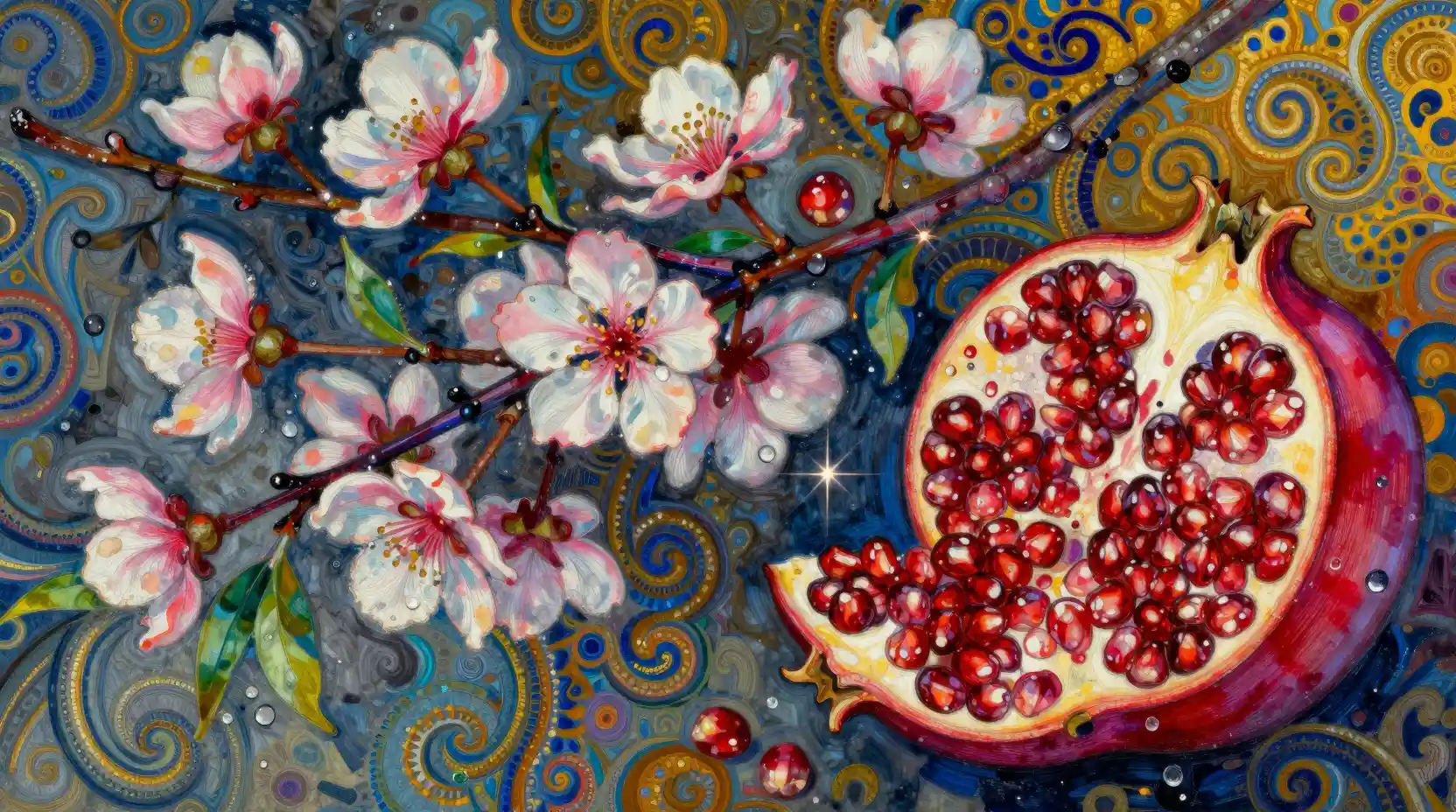 Cherry Blossoms and Pomegranate Slices in a Close-Up Still Life