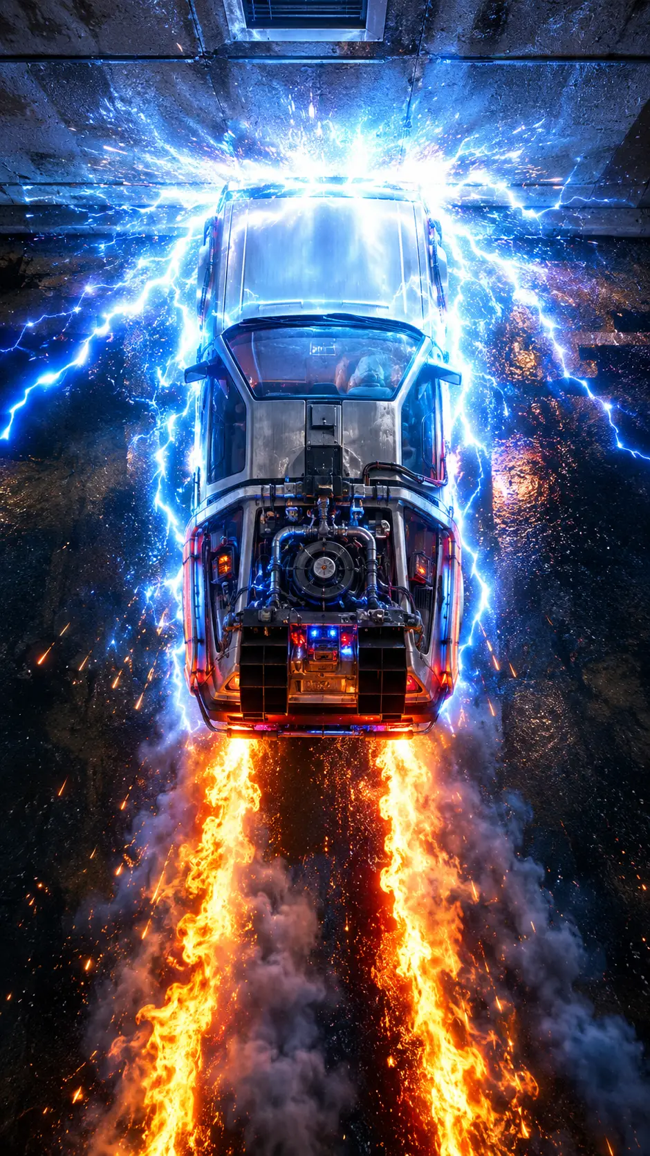 Una máquina del tiempo DeLorean rodeada de energía junto a la pared de un edificio