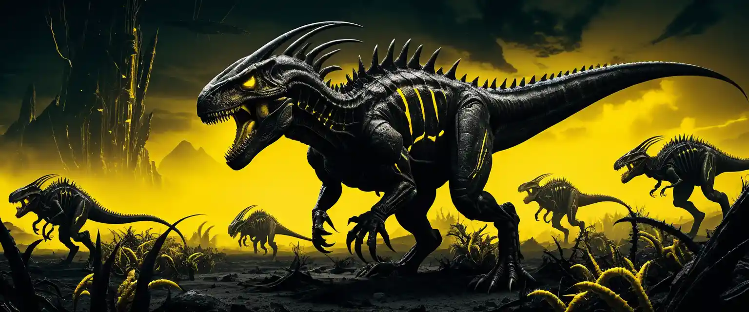 A horde of mutated tyrannosaurs runs across a spooky barren landscape