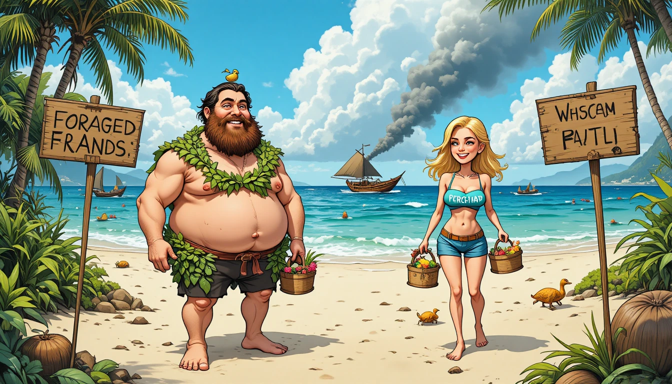 Tres personas recolectan alimentos en una playa tropical en una divertida ilustración de cómic