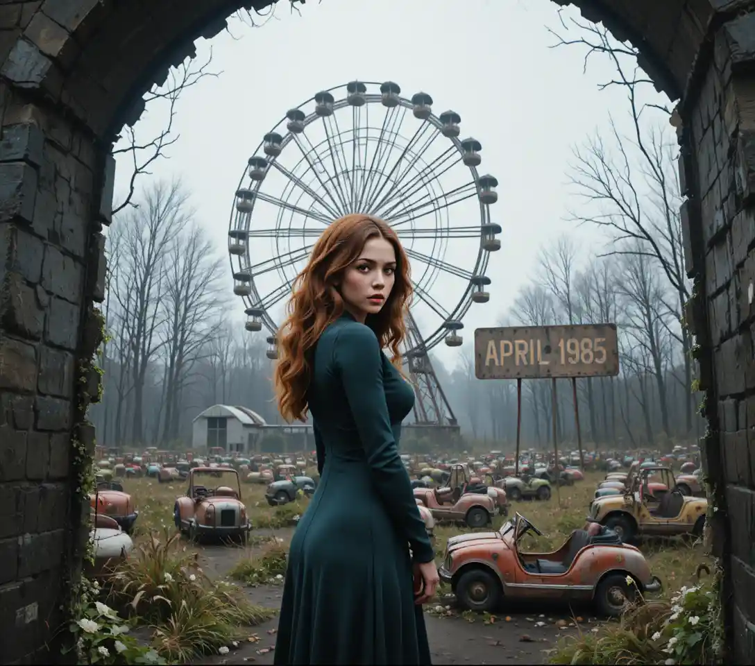 Una mujer cautelosa se encuentra entre las ruinas de un parque de atracciones abandonado