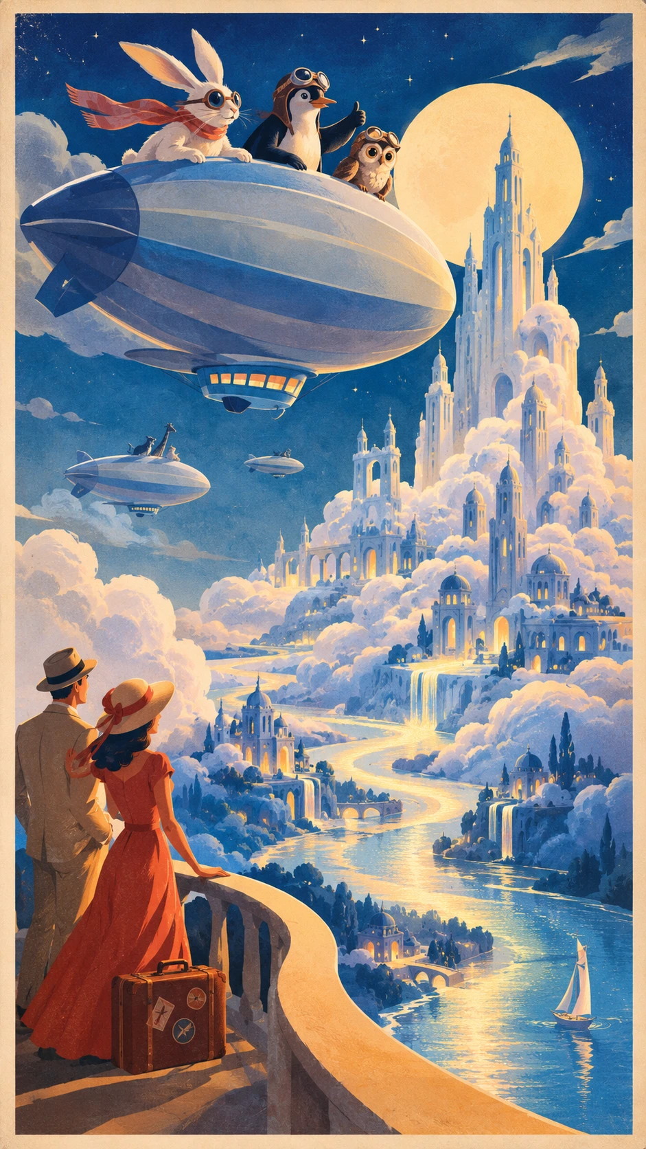 A vintage travel poster depicting cloud-built towers and moonlit rivers