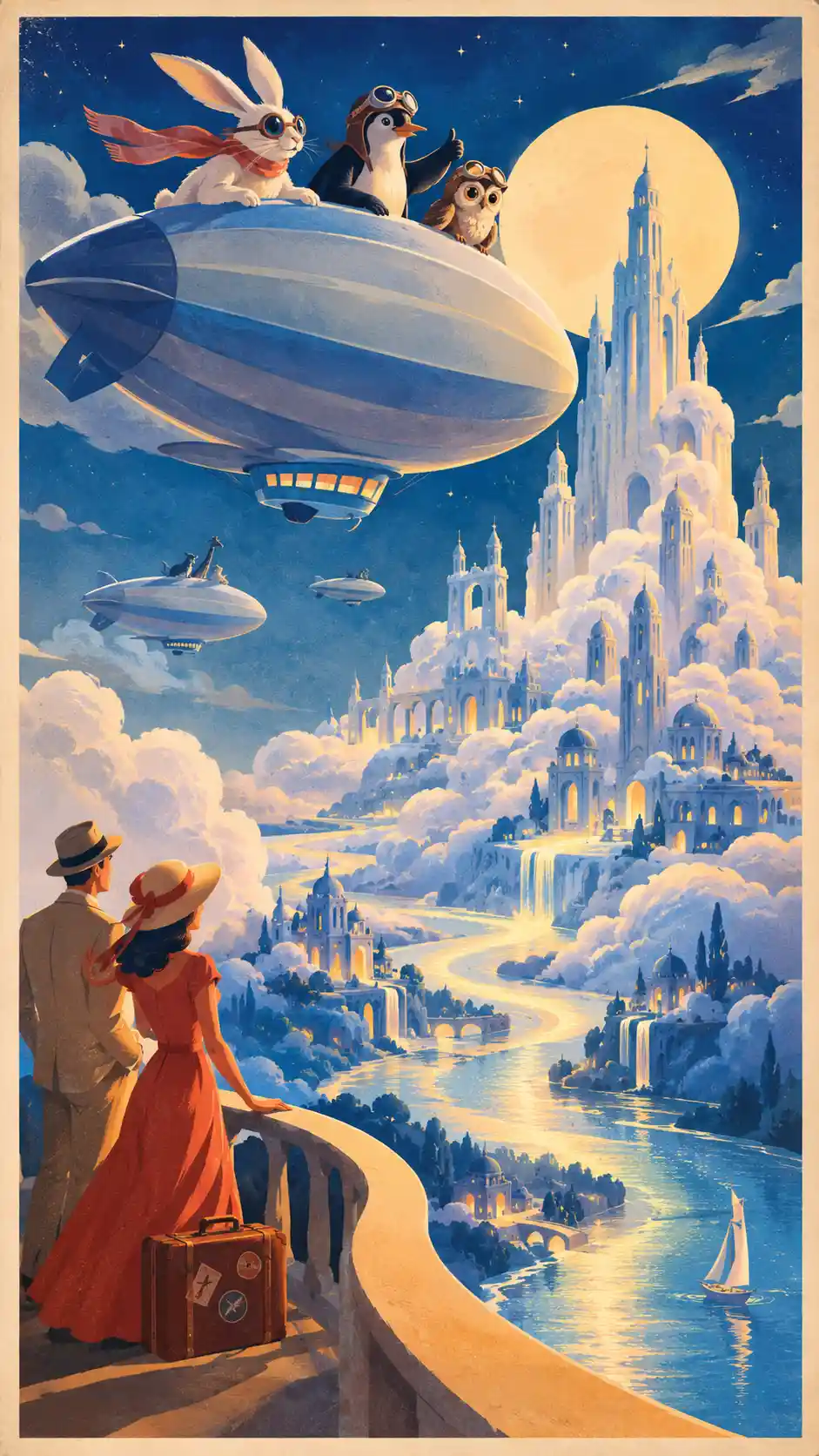 Un cartel de viaje vintage con torres hechas de nubes y ríos iluminados por la luna