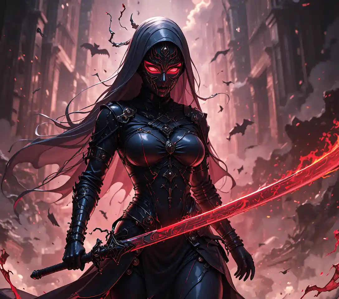 An anime assassin nun stands ready with a shadow mask and broad sword