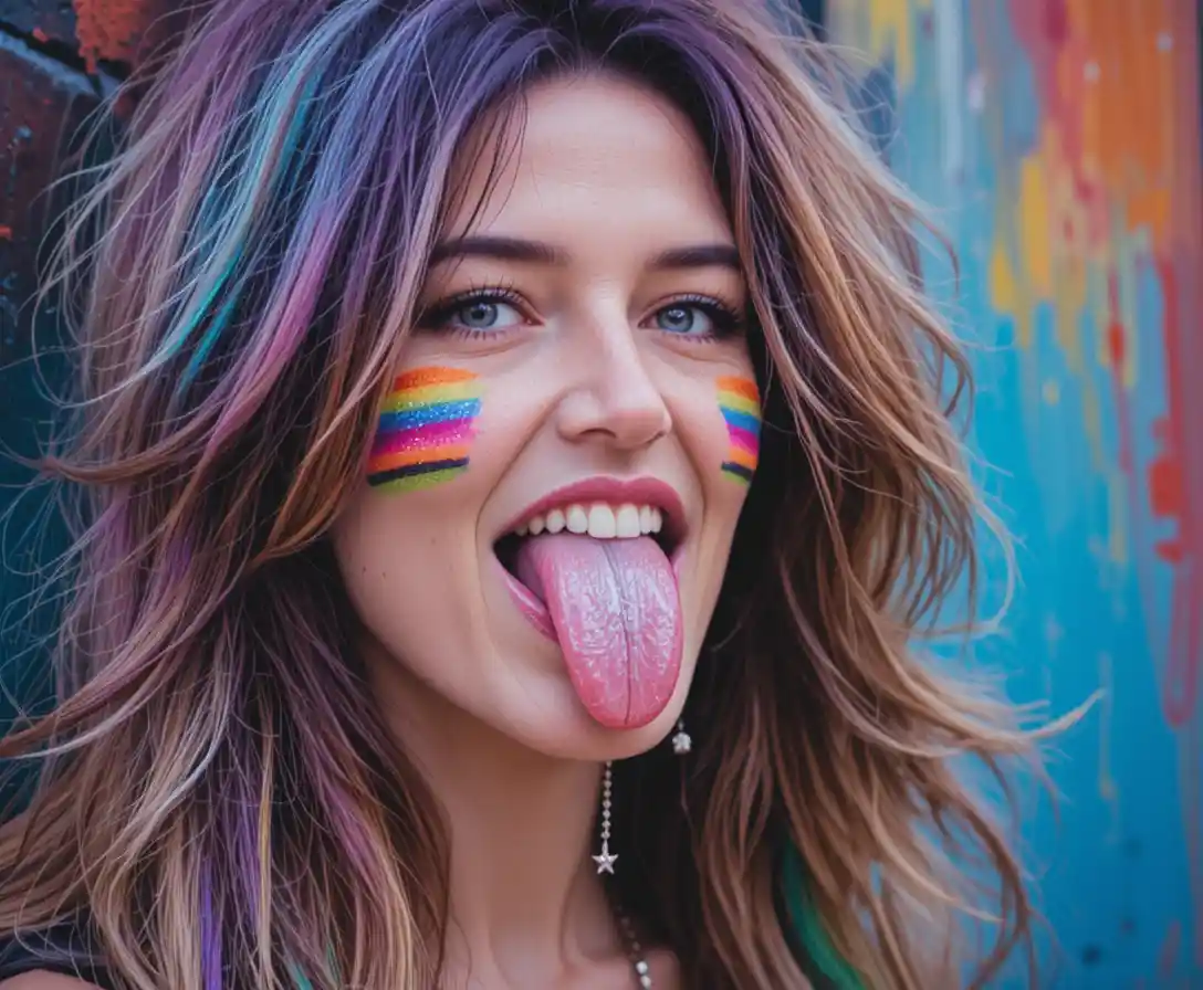 Una mujer se lame el labio bajo un maquillaje facial arcoíris y con un piercing de estrella en la lengua