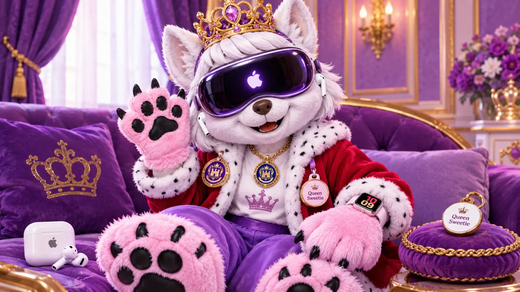 Una princesa mascota perruna con corona y vestido de princesa