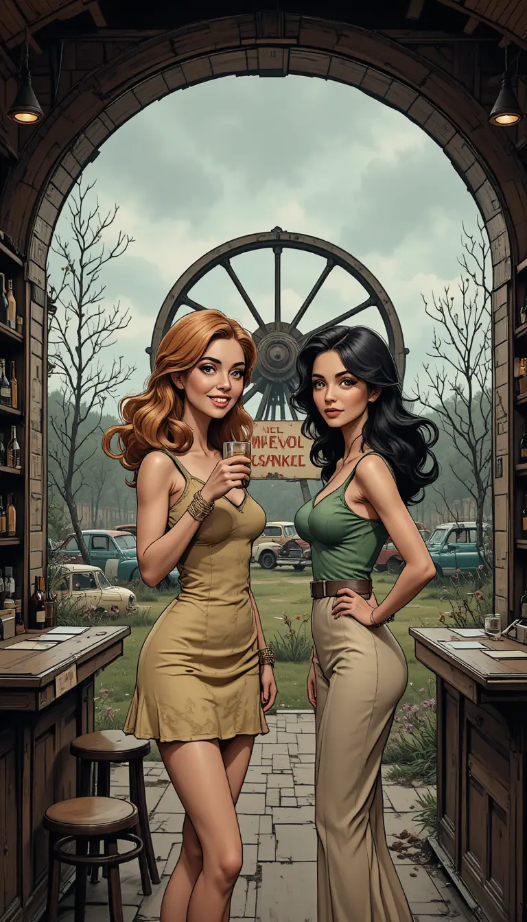Dos mujeres brindan en un bar rústico de estilo retro y cómic
