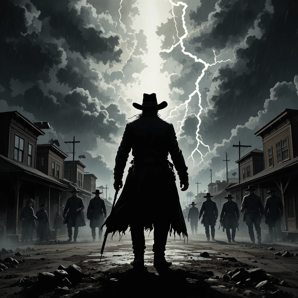 Un vaquero solitario en un pueblo del Oeste azotado por la tormenta y los relámpagos