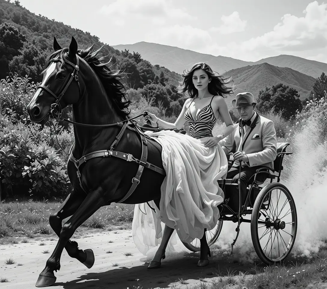 A galloping horse pulls a couple through a dusty countryside