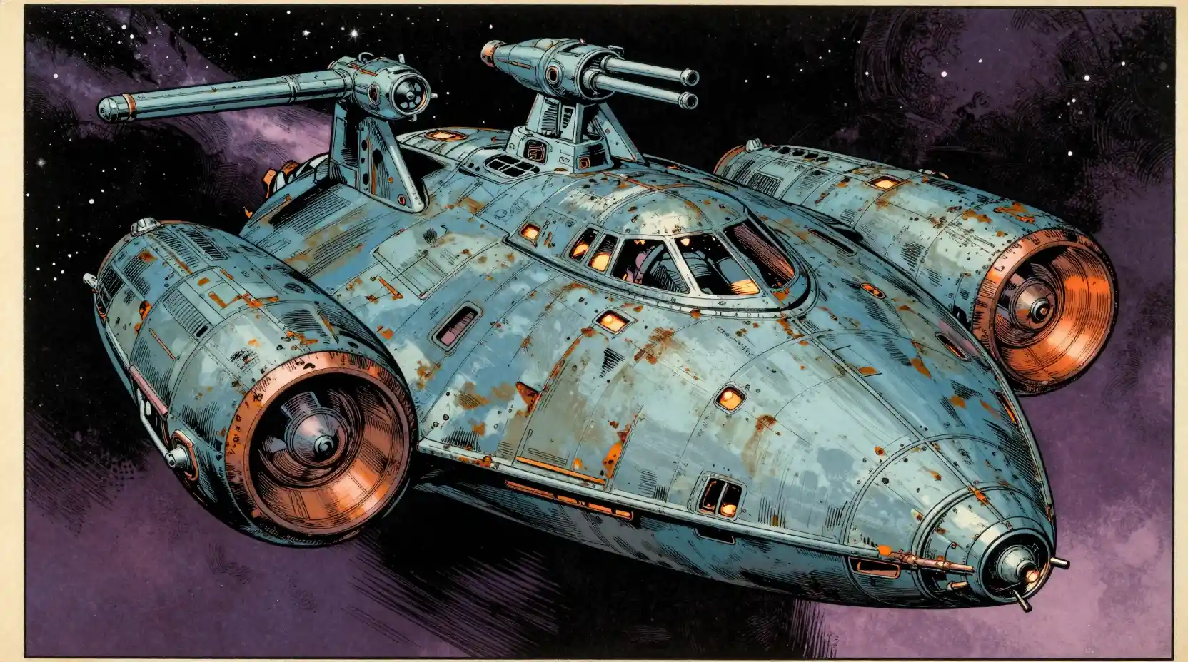 A weathered spaceship against deep space in a vintage comic book cover