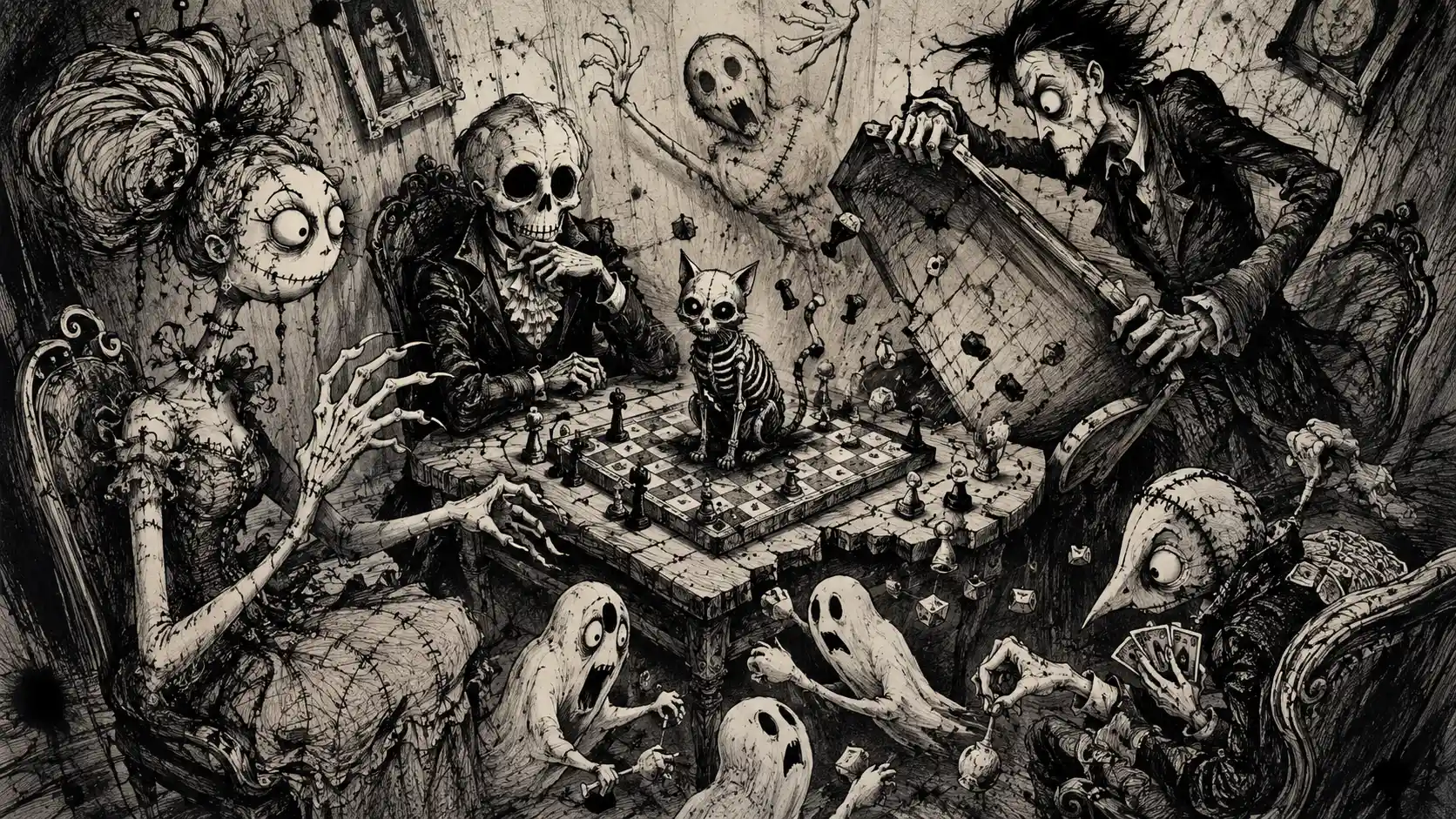 Una caotica serata di giochi gotica con scheletri e creature cucite