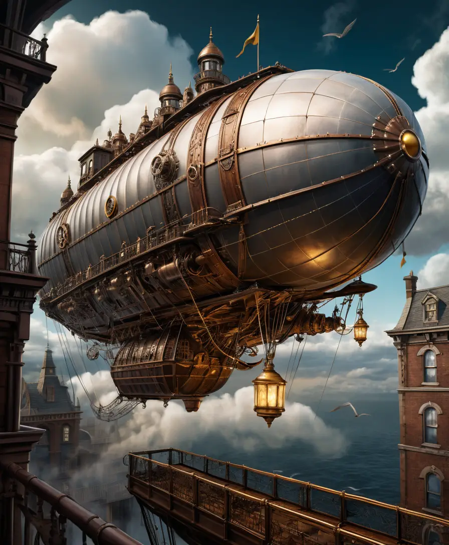 A colossal steampunk airship soars above storm clouds at sunrise