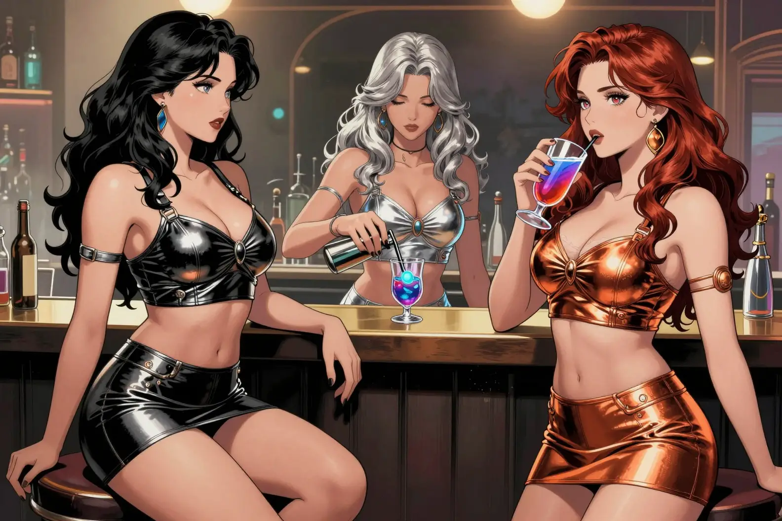 Três mulheres de anime com tops cropped metálicos e minissaias