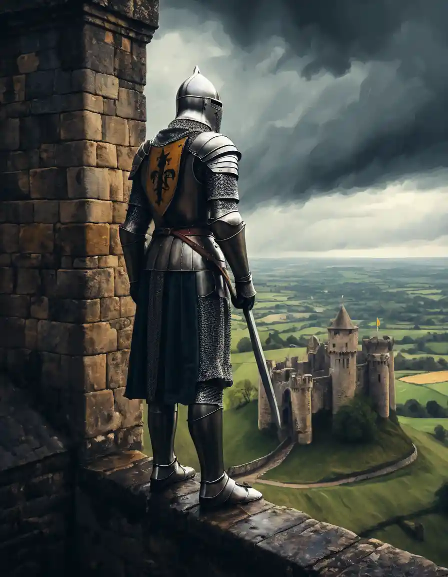A knight surveys the countryside from medieval castle battlements