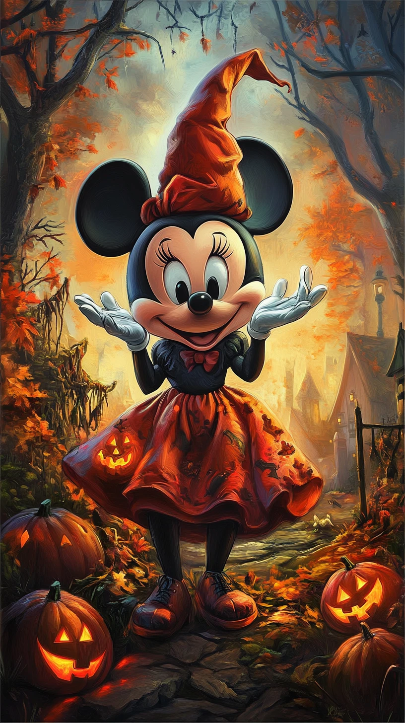 Minnie Maus vor einer Burgruine im gotischen Halloween-Stil