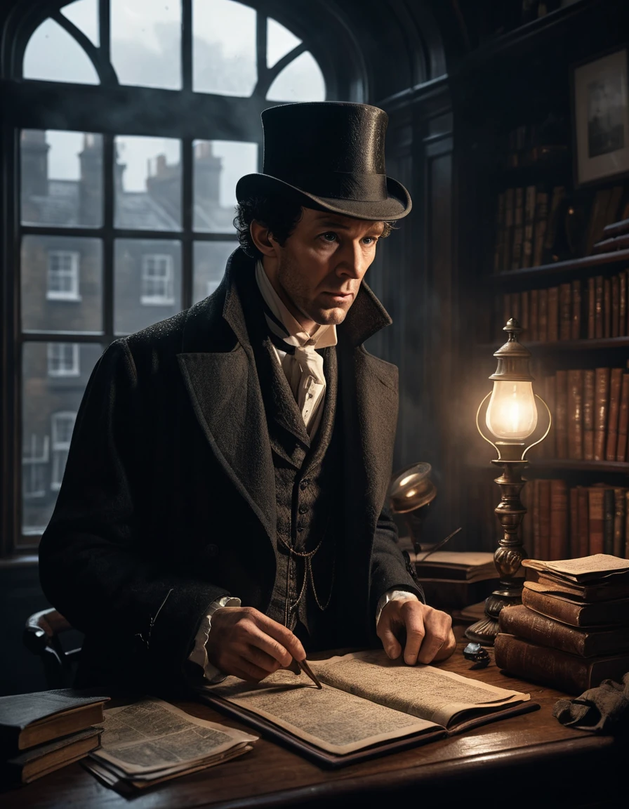 Sherlock Holmes Examines Clues in a Rainy Victorian London Study