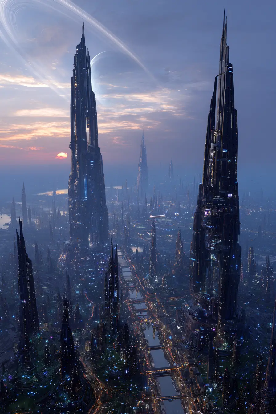 Eine riesige Alien-Stadt erhebt sich über einer außerirdischen Planetenlandschaft