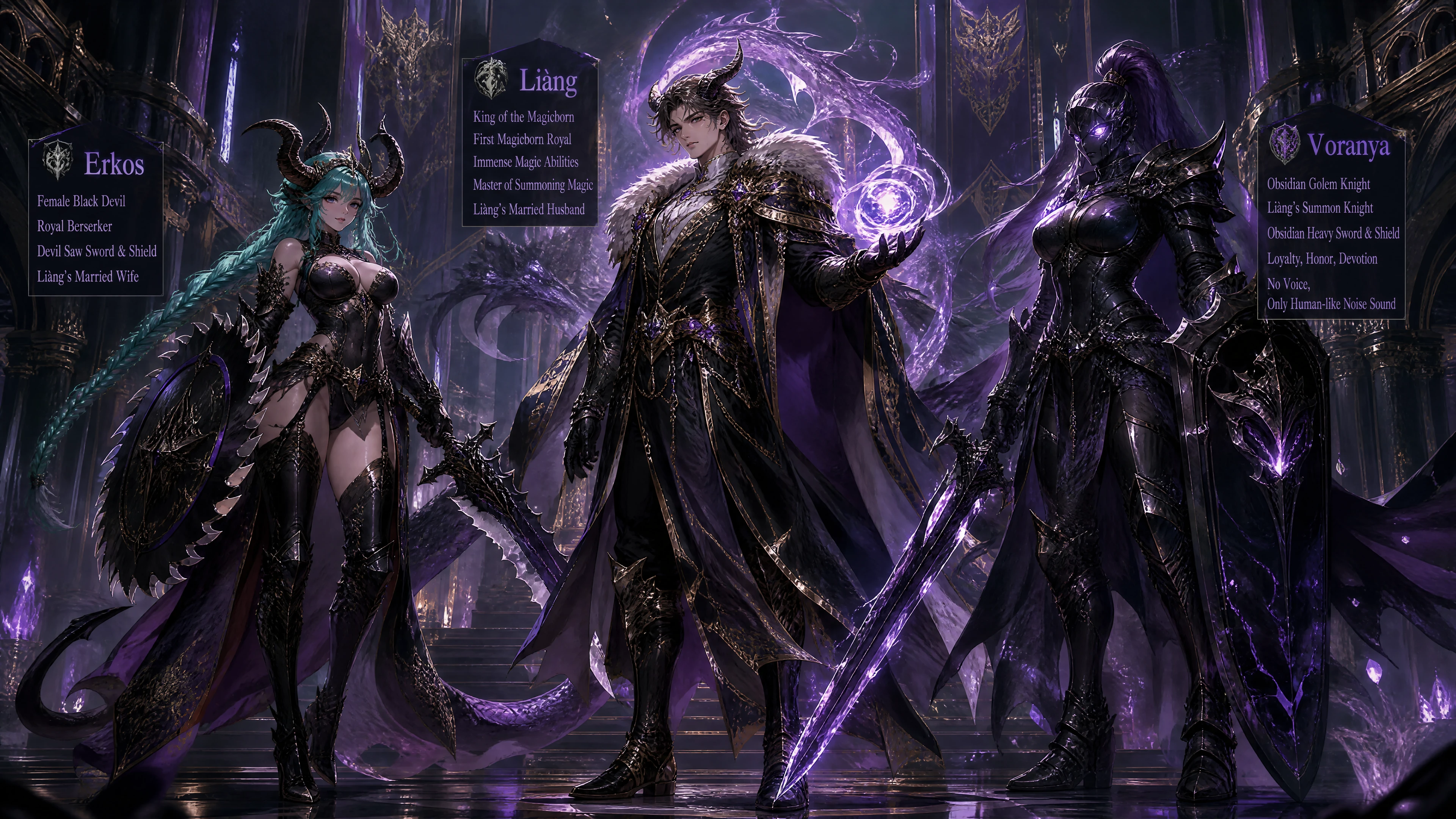 Un roi de lignée magique et royale, aux cornes de dragon en spirale et à la queue violette