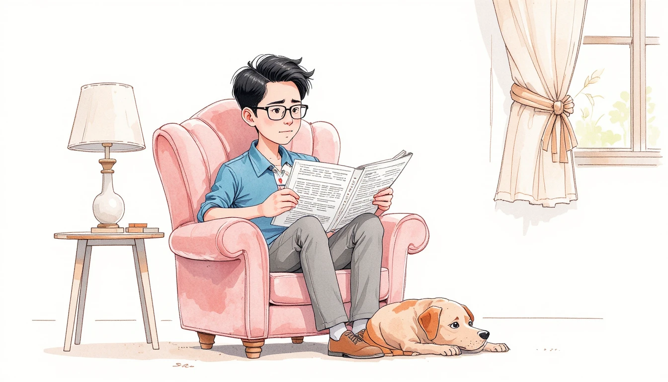 A man reads the newspaper beside his resting dog at home