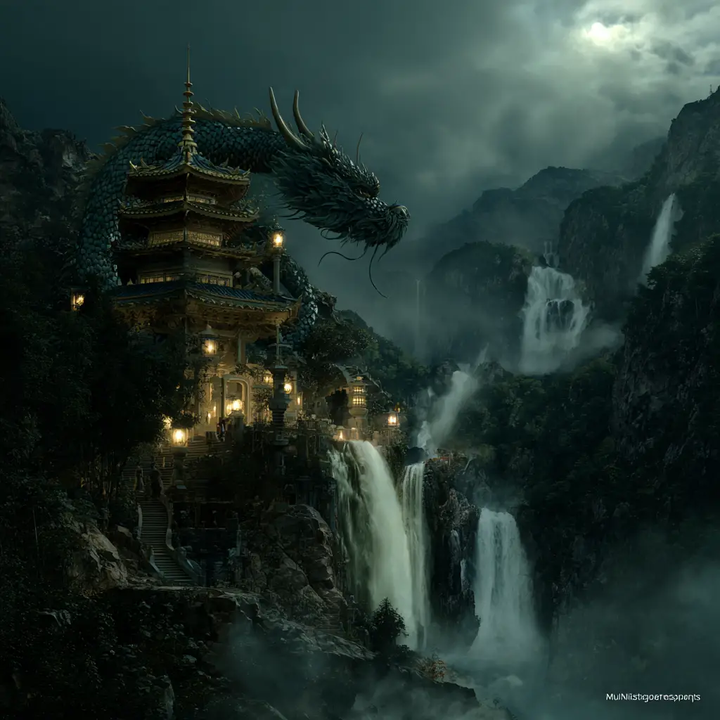 Un dragón colosal protege un templo sagrado en la montaña, entre antiguas pagodas