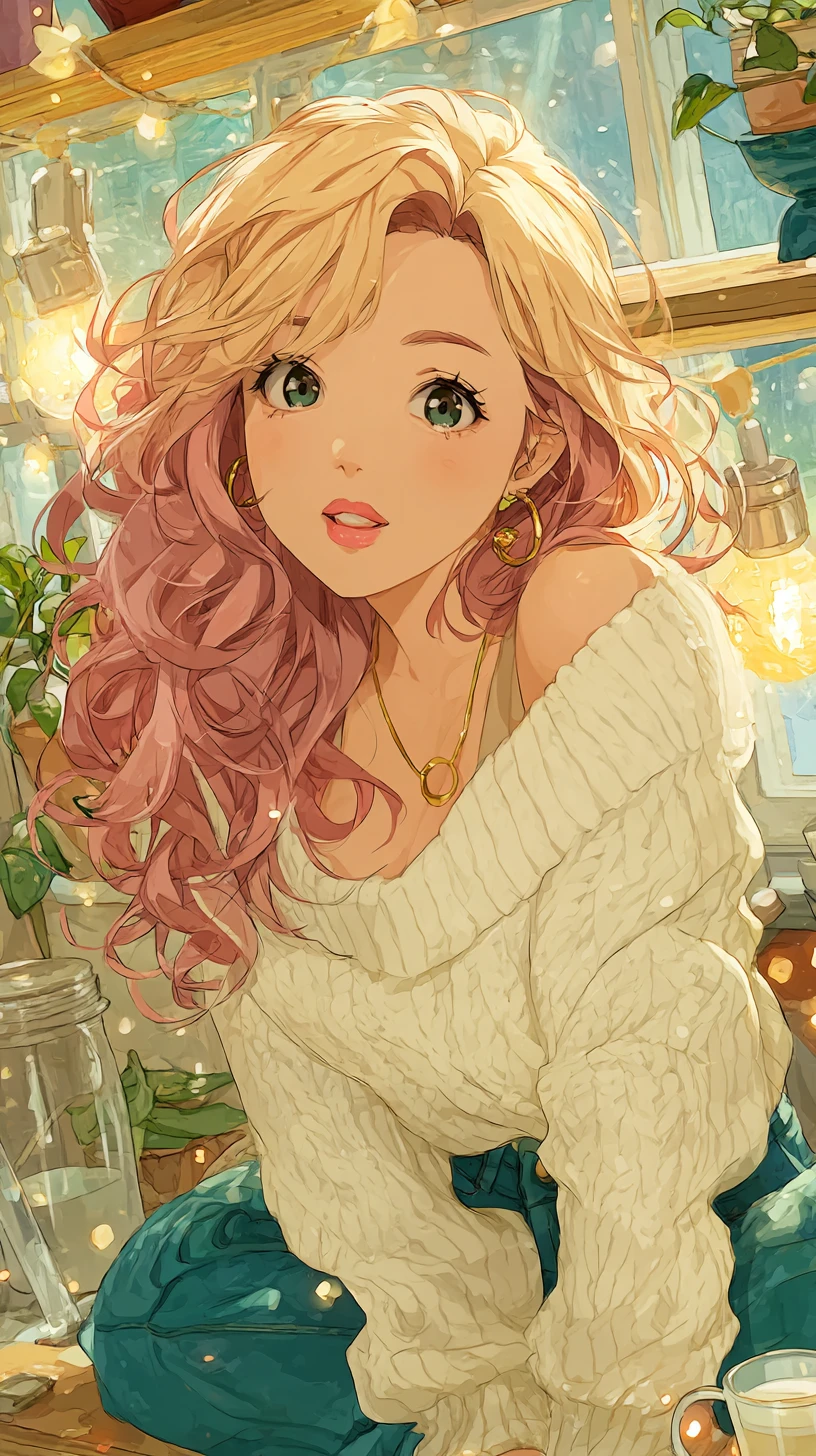 Anime k-pop idol in a cozy interior with warm ambient light