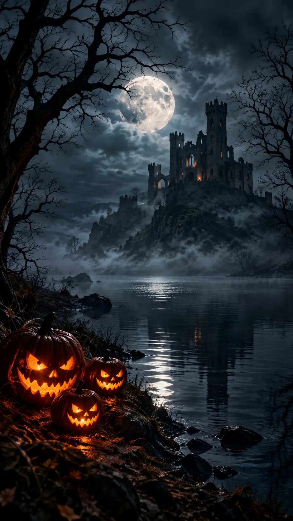 Calabazas luminosas de Halloween iluminan un castillo a la luz de la luna junto a aguas oscuras