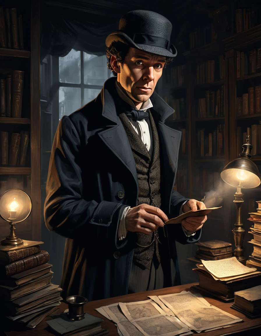 Sherlock Holmes esamina gli indizi in uno studio vittoriano poco illuminato