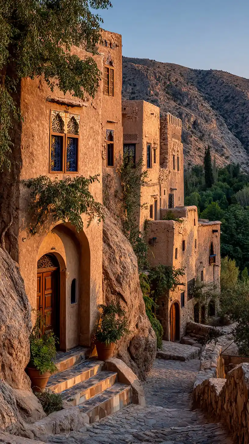 A golden village of terraced houses on a lush hillside