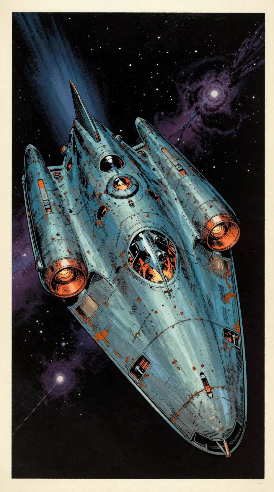 A weathered spaceship dominates a vintage comic book cover against distant stars