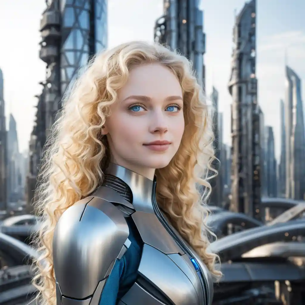 A Blonde Woman Contemplates a Futuristic City of Steel and Platinum