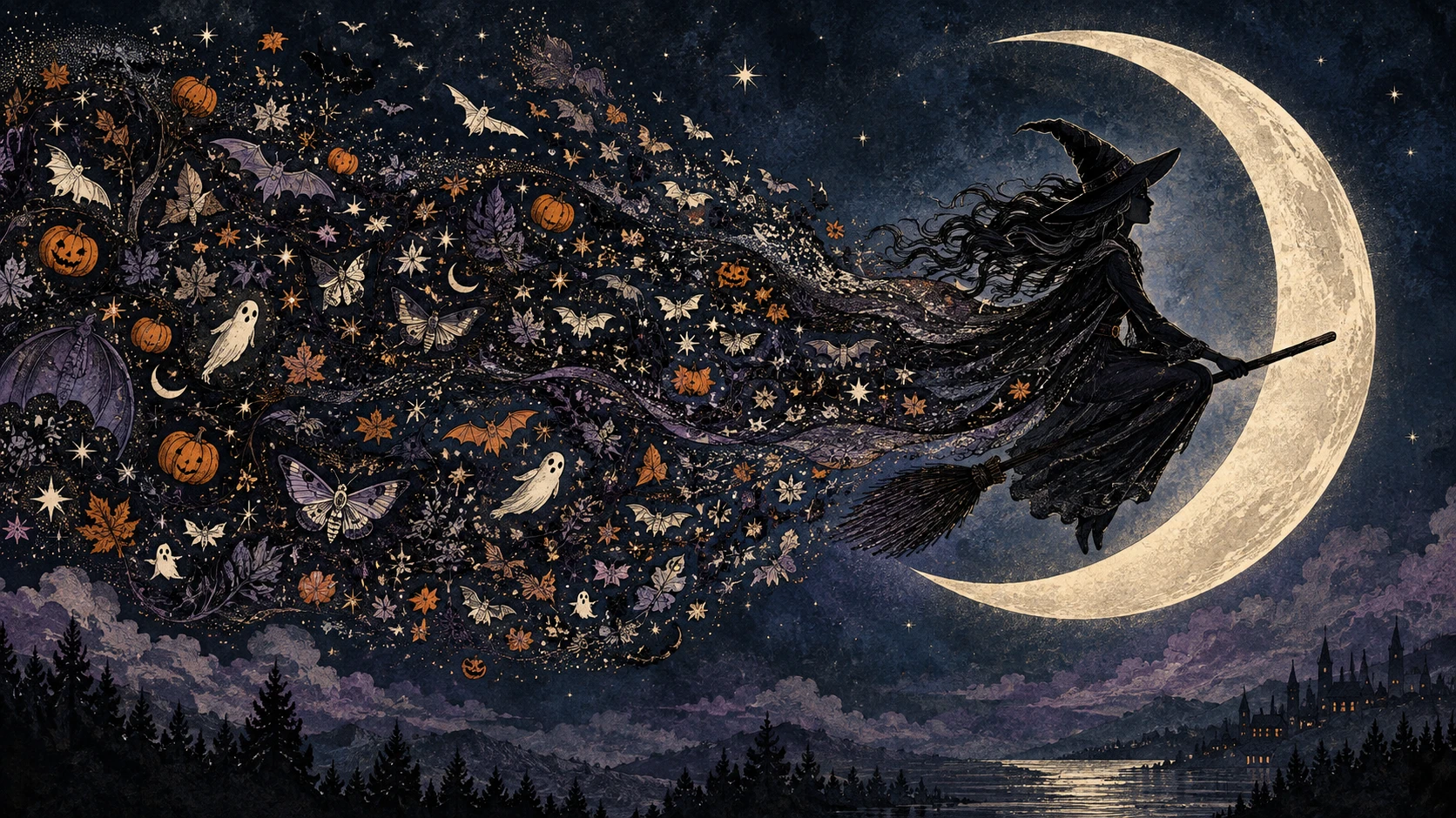 A witch silhouette flying across an enormous crescent moon