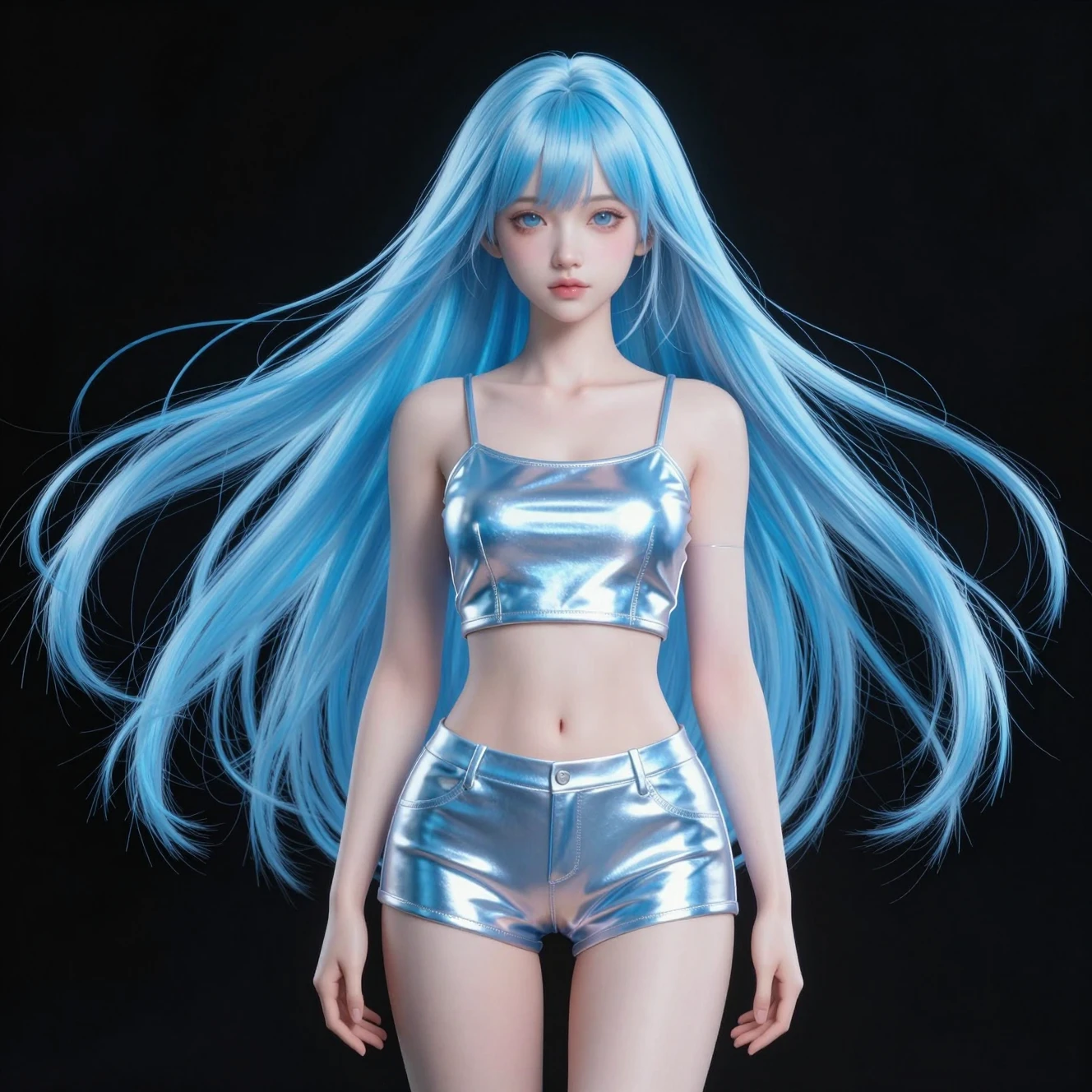 A Japanese Woman With Flowing Blue Hair in Futuristic Silver Fashion