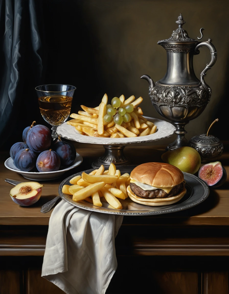 Ein Stillleben mit Cheeseburger, Früchten und Tafelsilber aus dem Goldenen Zeitalter der Niederlande
