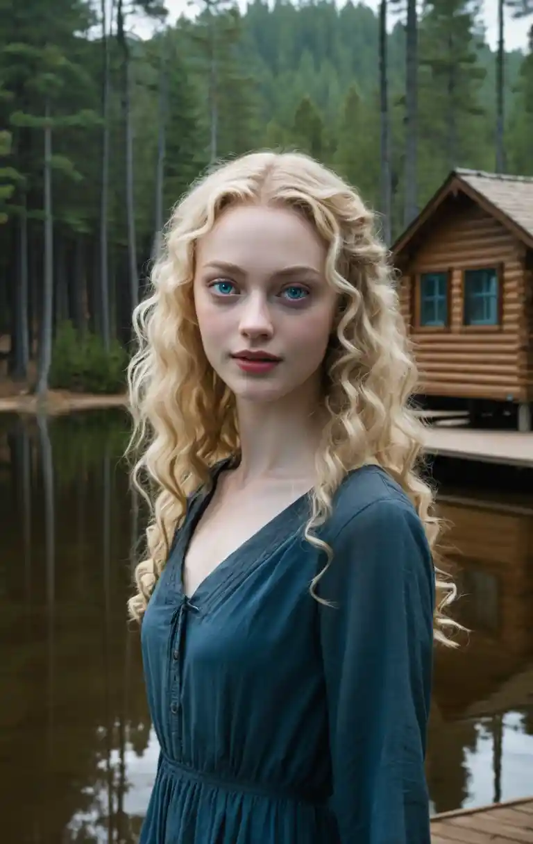 A young woman smiles while walking through a pine forest by a lake