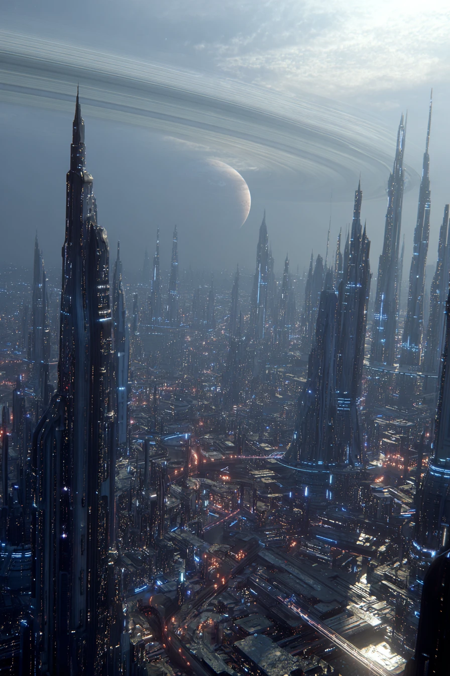 A Futuristic Alien City Rises Beneath a Ringed Planet at Dusk