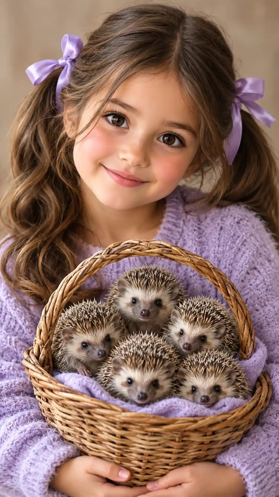 Ein junges Mädchen hält in einem verträumten Porträt einen Korb voller Igel